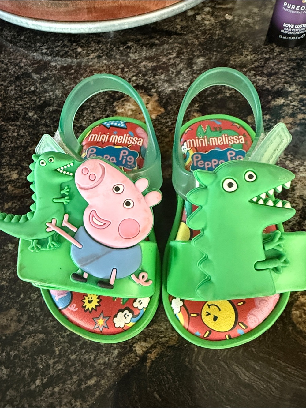 Mini Melissa Green Peppa Pig Jelly Sandals with Pink Peppa and Dino Accents